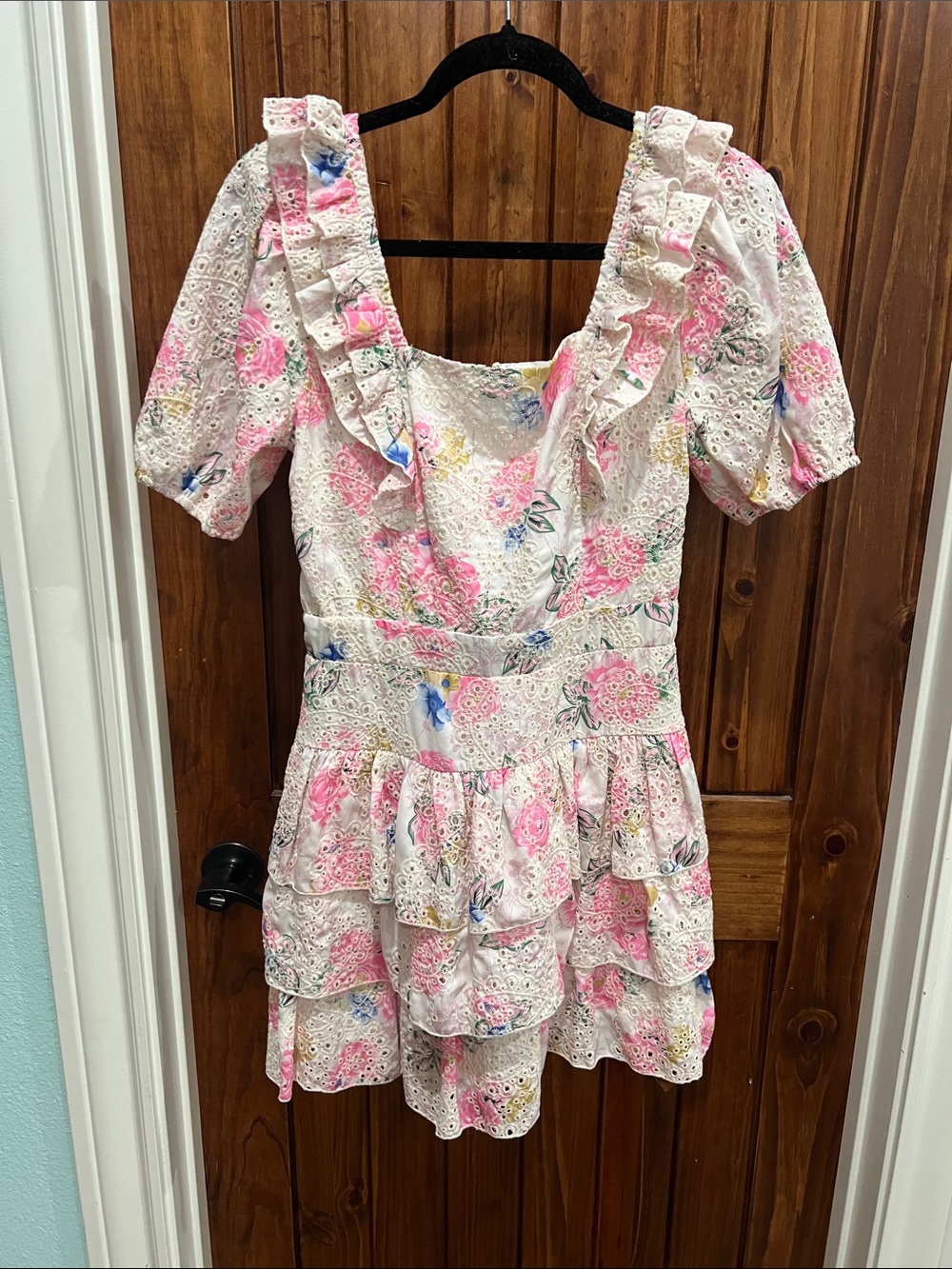 Adelyn Rae Pink Floral Eyelet Ruffle Mini Dress